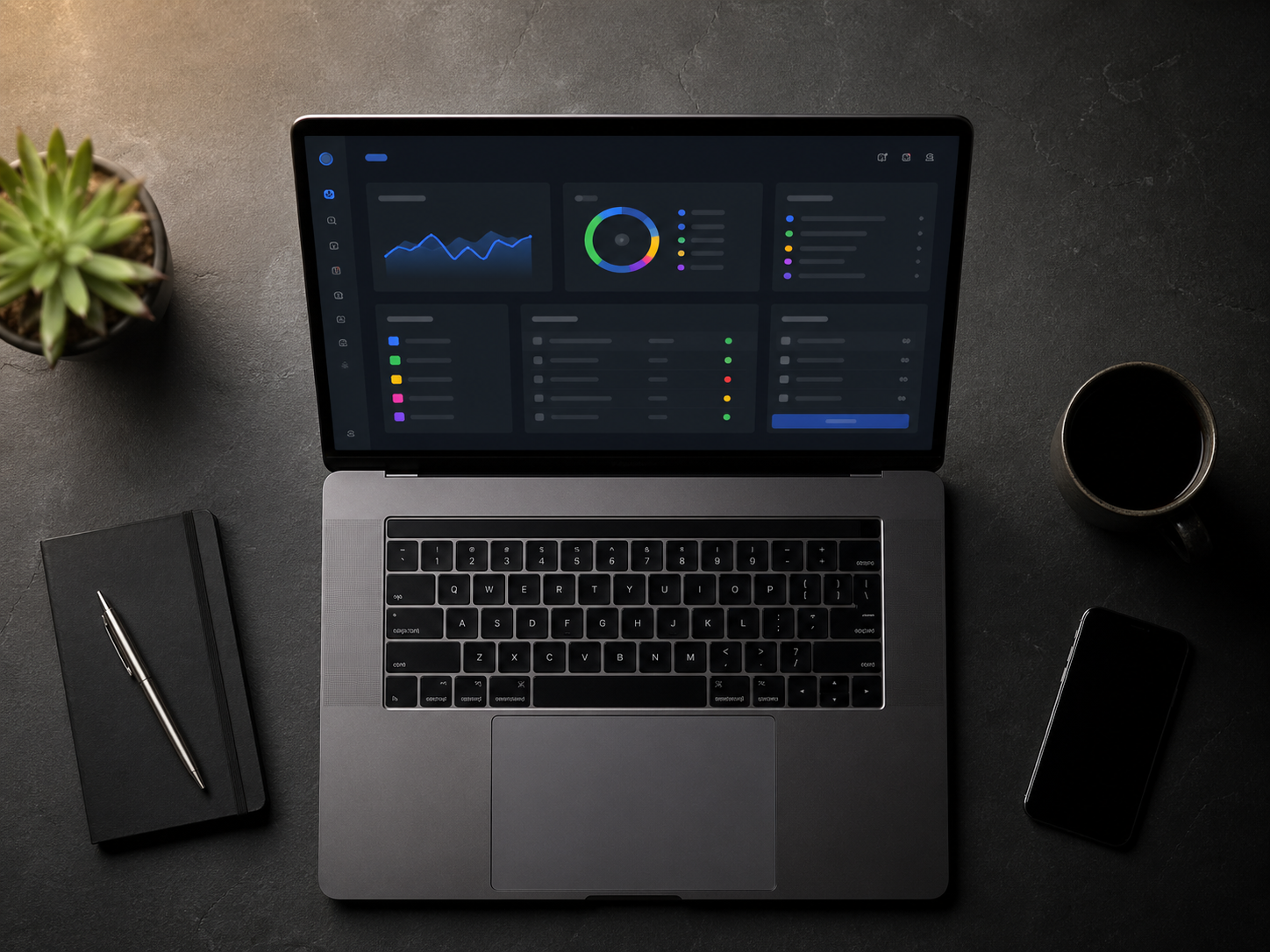 Clean workspace admin dashboard on a dark desk