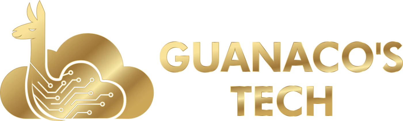Guanacos Tech — emblema dorado de guanaco y nube de circuitos