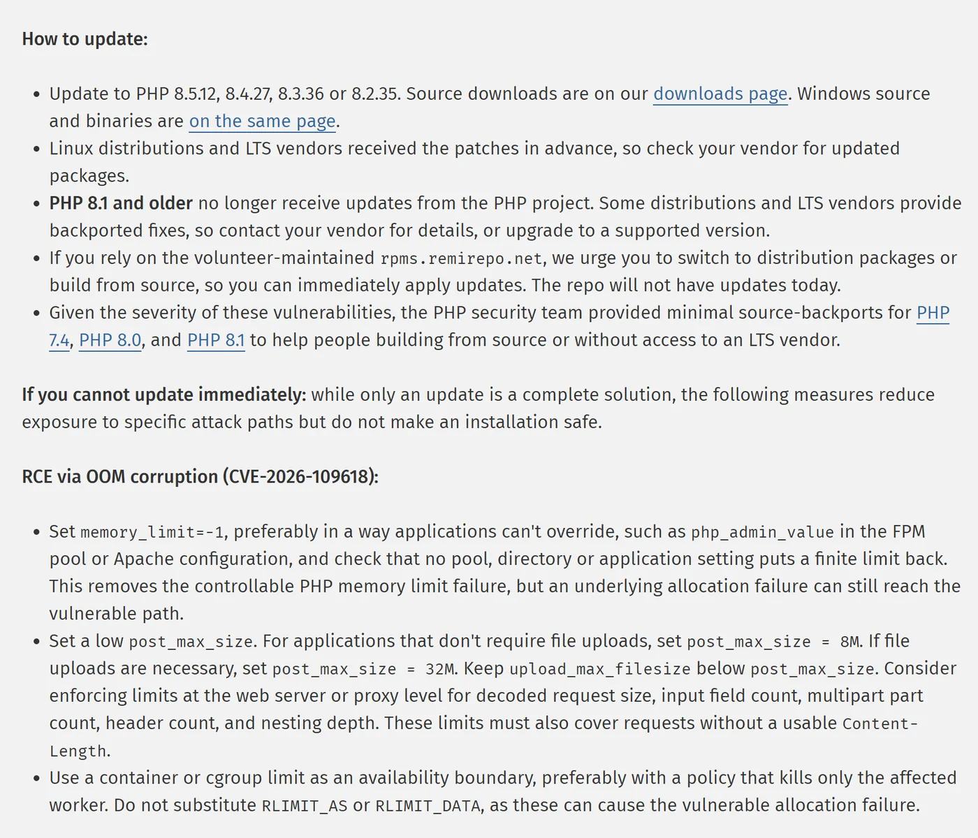 La sección How to update del aviso de seguridad de PHP en php.net, con la advertencia sobre el repositorio de Remi y los parches para PHP 7.4, 8.0 y 8.1