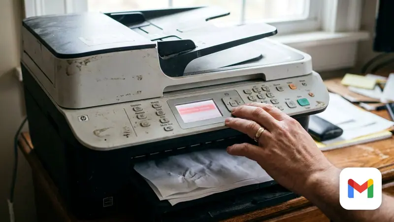 An office multifunction printer showing an error on its control panel