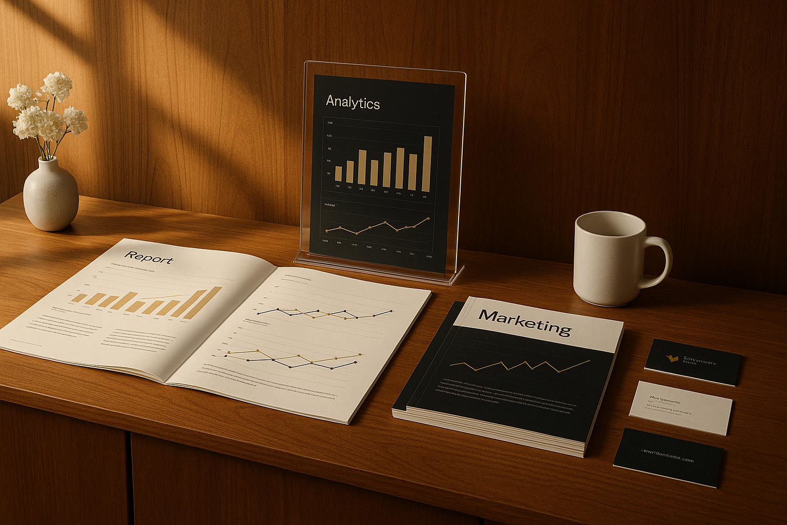 Desk with branded stationery and analytics reports