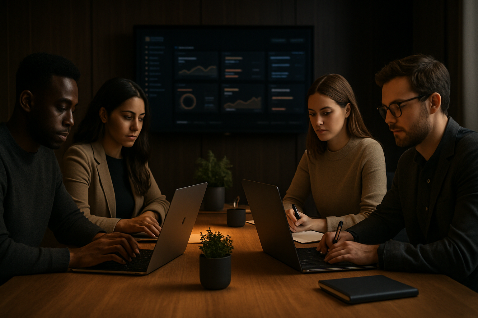 Team collaborating around a table with laptops