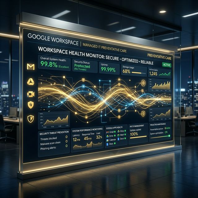 Dark modern dashboard on a desk representing Google Workspace control center